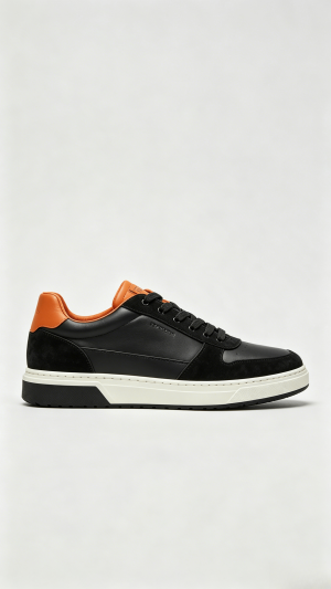 Black Leather Suede Sneakers with Orange Accents