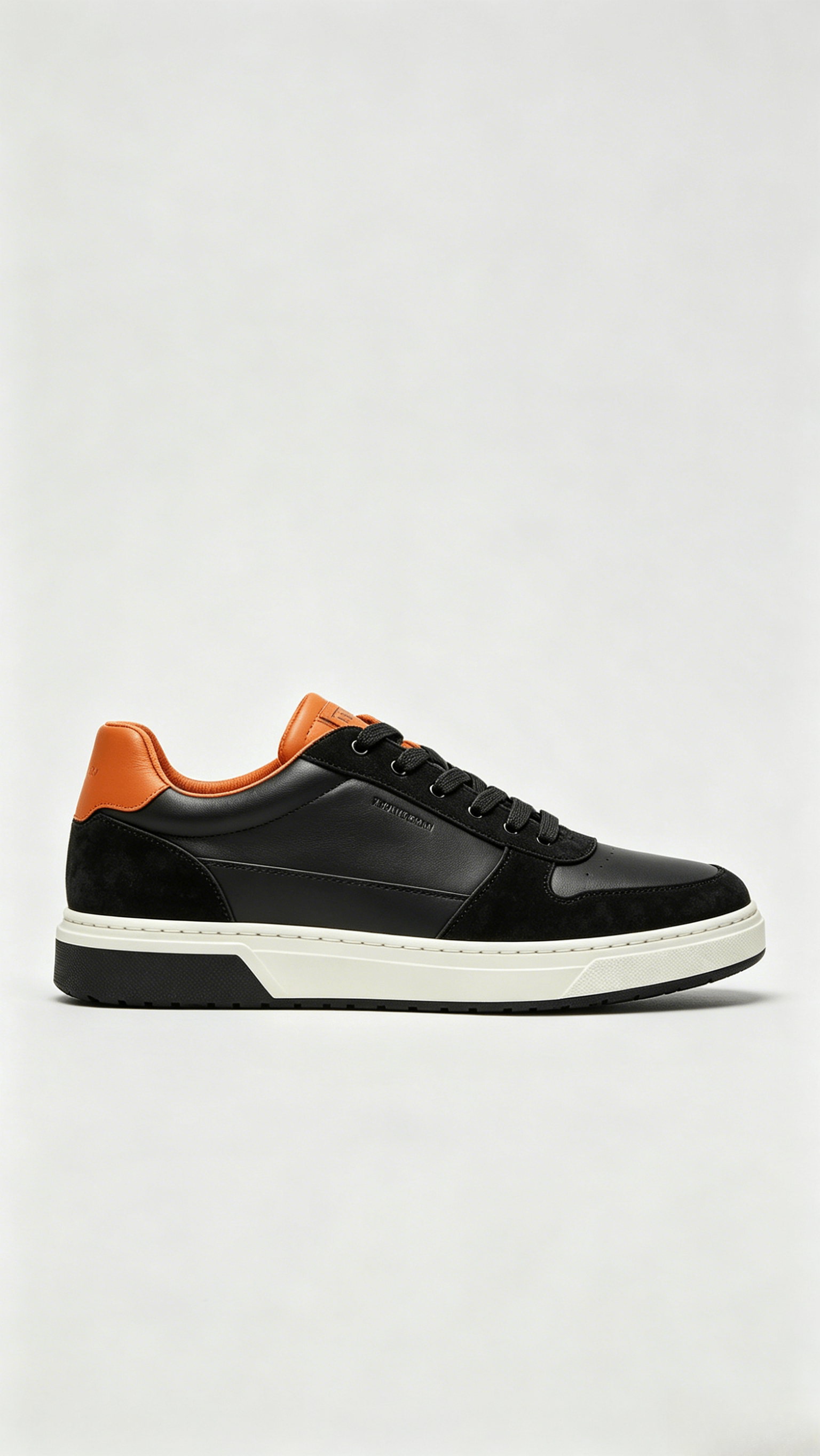 Black Leather Suede Sneakers with Orange Accents