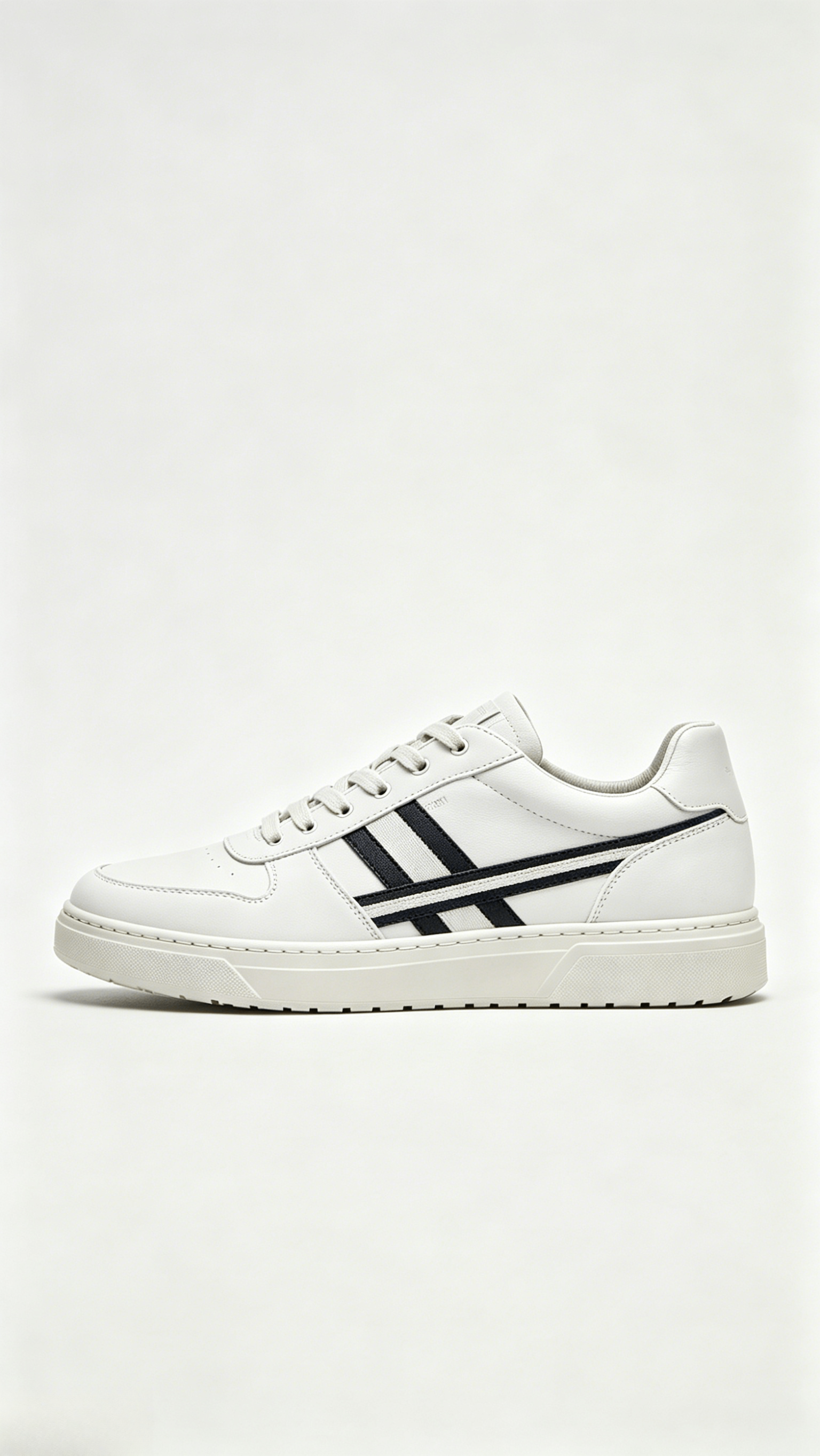 White Leather Sneakers with Navy Stripes - Image 2