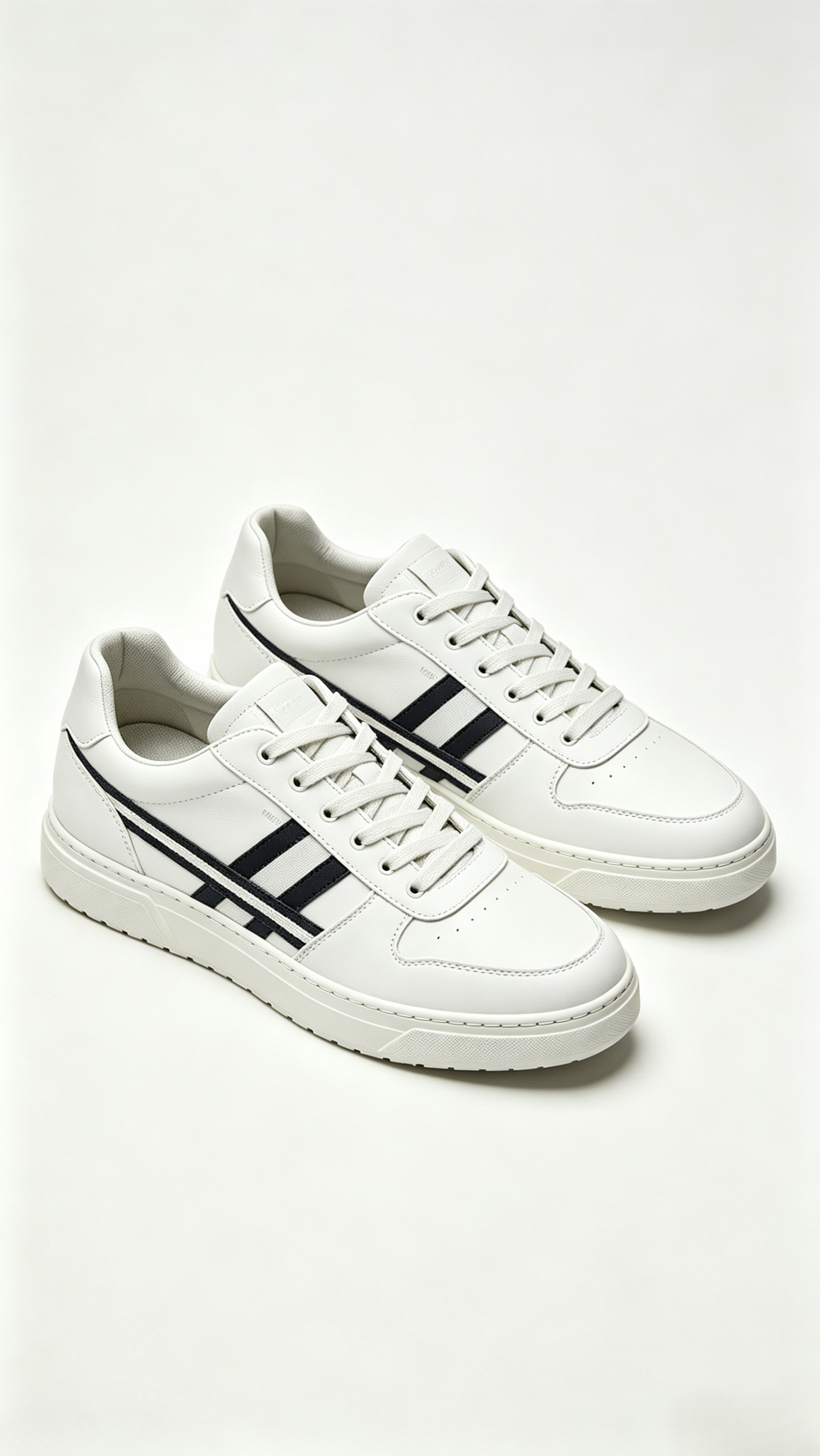 White Leather Sneakers with Navy Stripes - Image 4
