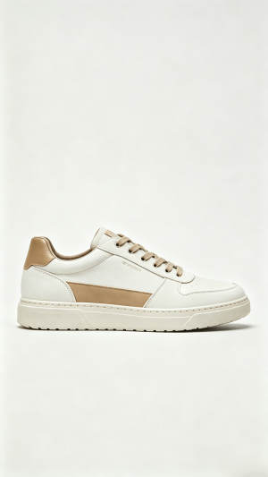 White and Beige Two-Tone Leather Sneakers