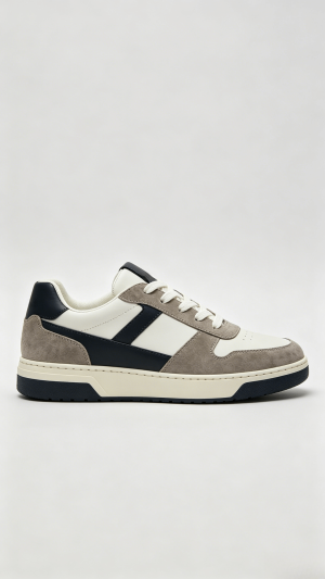 Beige White and Navy Multi-Tone Mixed Media Sneakers