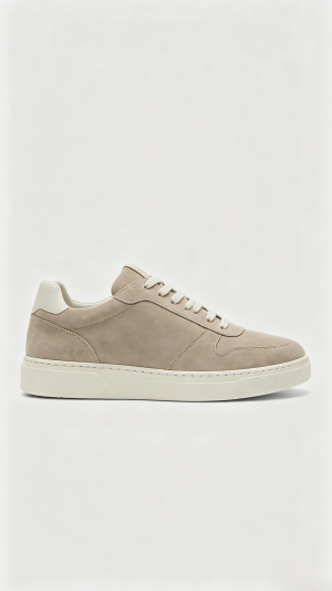 Beige Suede Low-Top Sneakers with White Accent