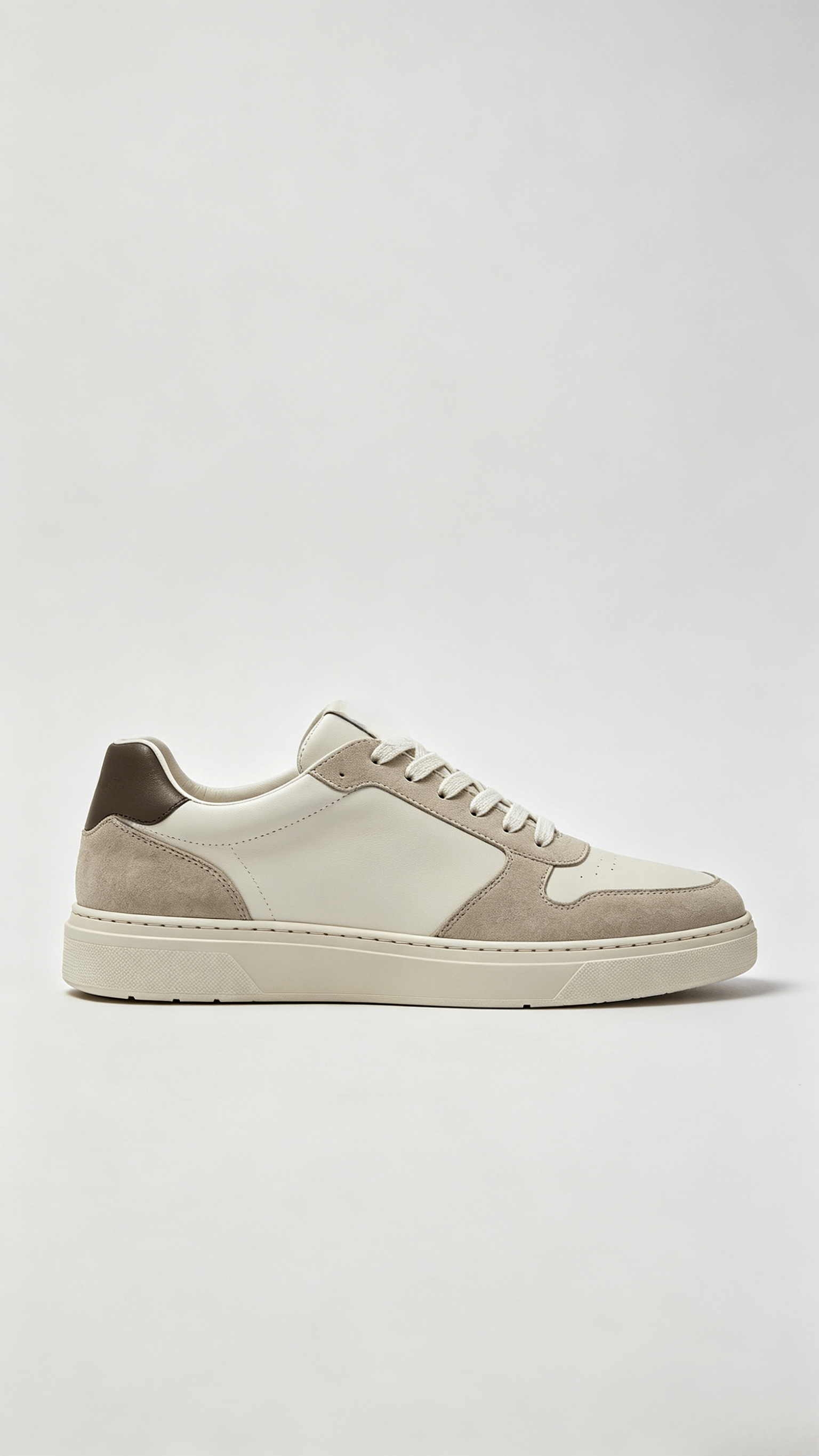 White and Beige Mixed Media Sneakers with Brown Heel