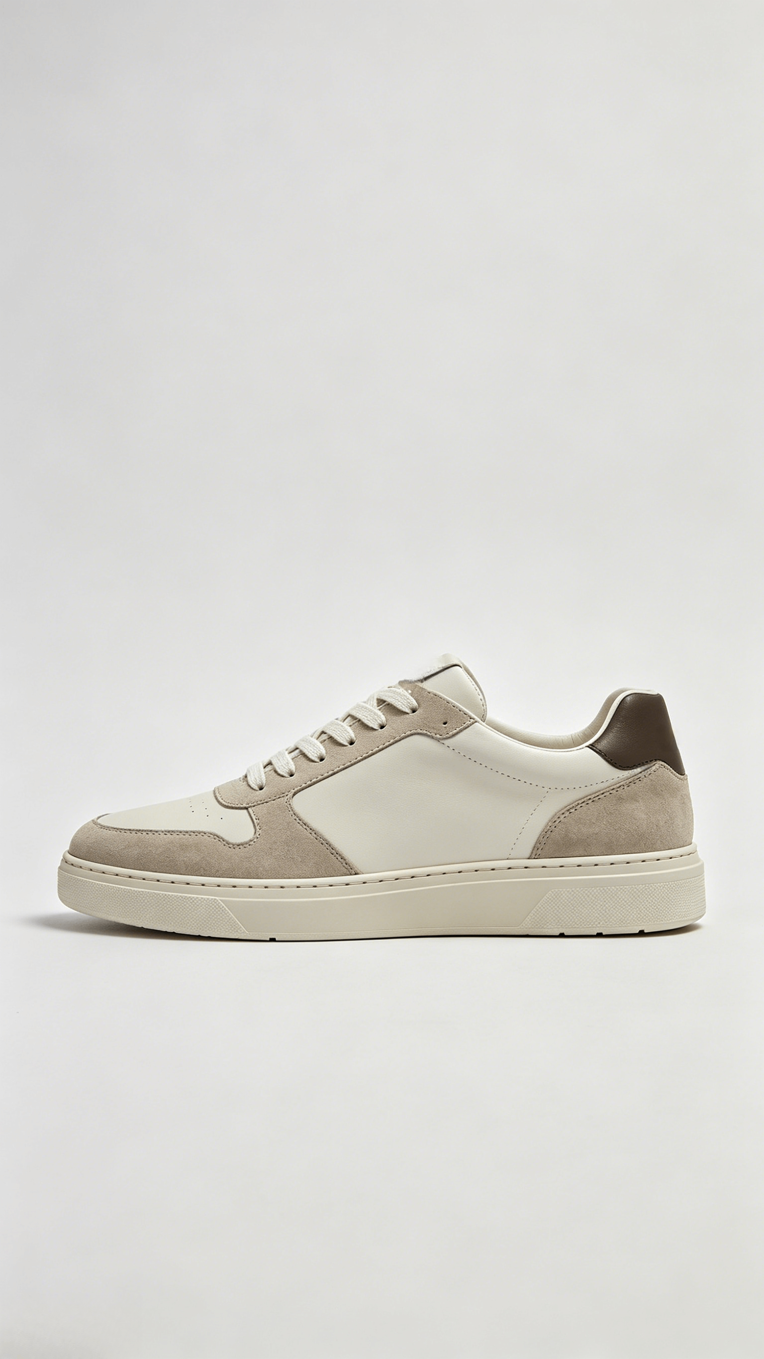 White and Beige Mixed Media Sneakers with Brown Heel - Image 2
