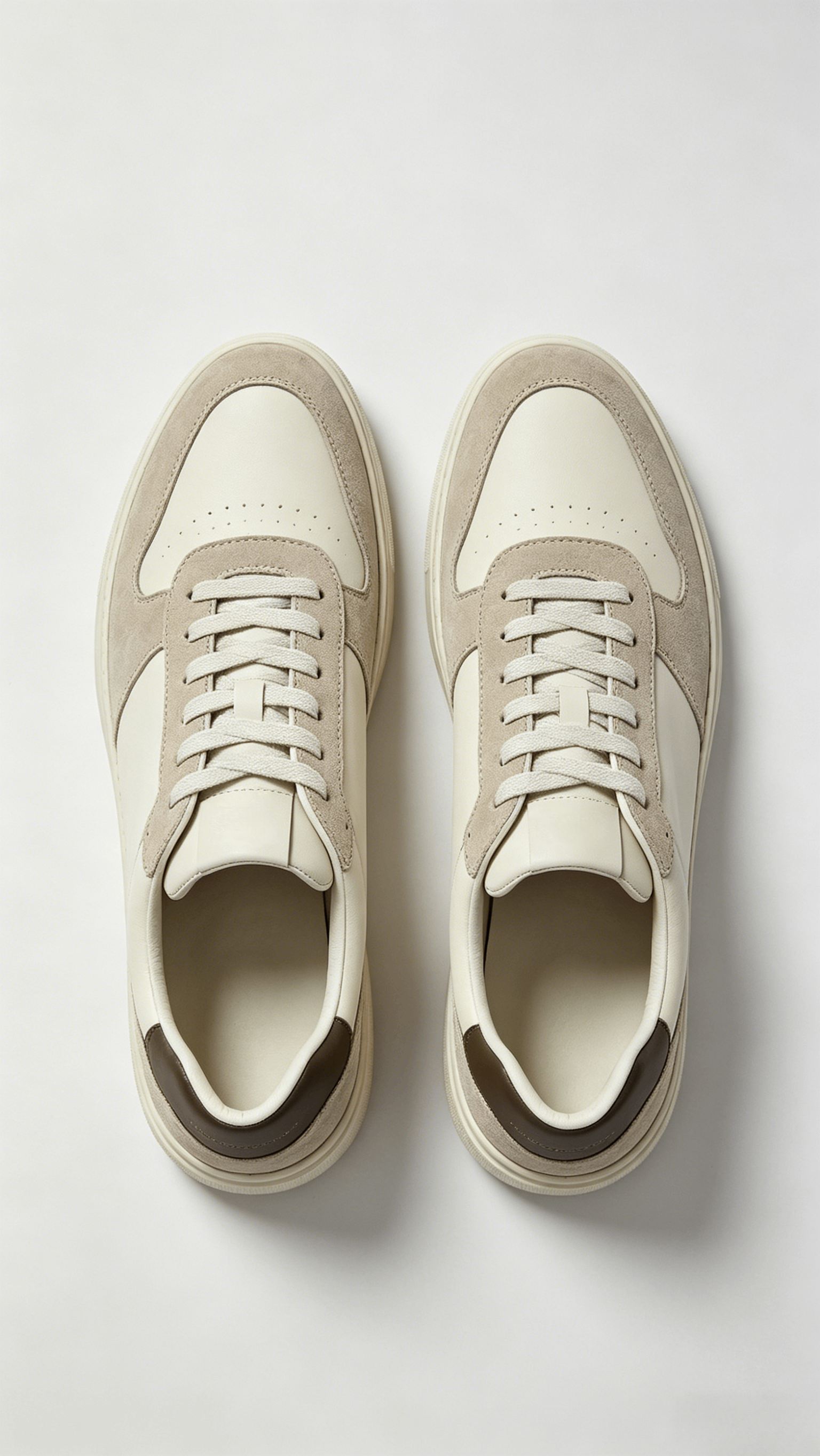 White and Beige Mixed Media Sneakers with Brown Heel - Image 3