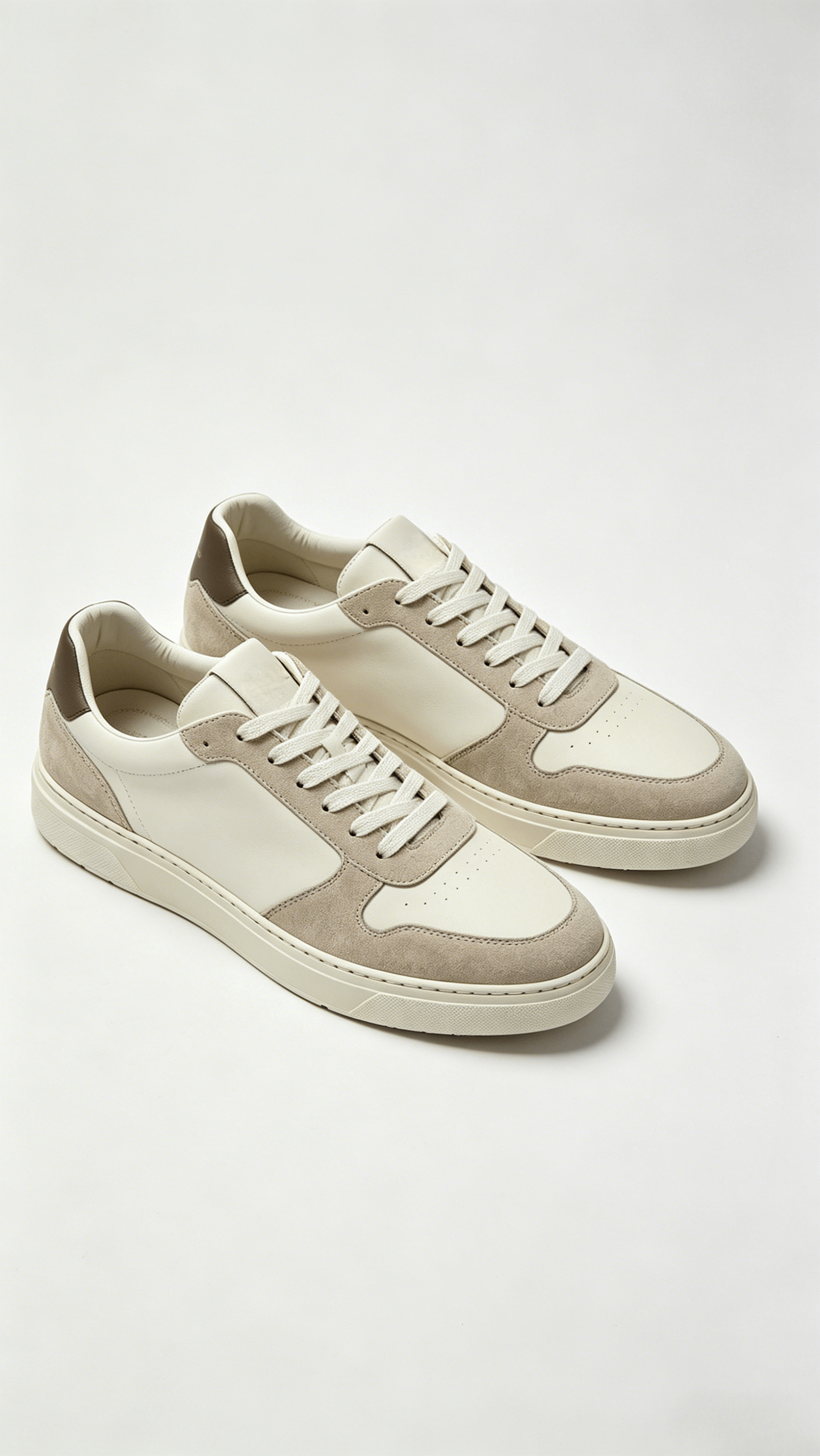 White and Beige Mixed Media Sneakers with Brown Heel - Image 4