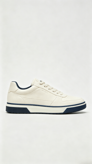 Beige Leather Sneakers with Navy Accents