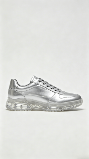 Silver Metallic Leather Sneakers with Clear Air Sole