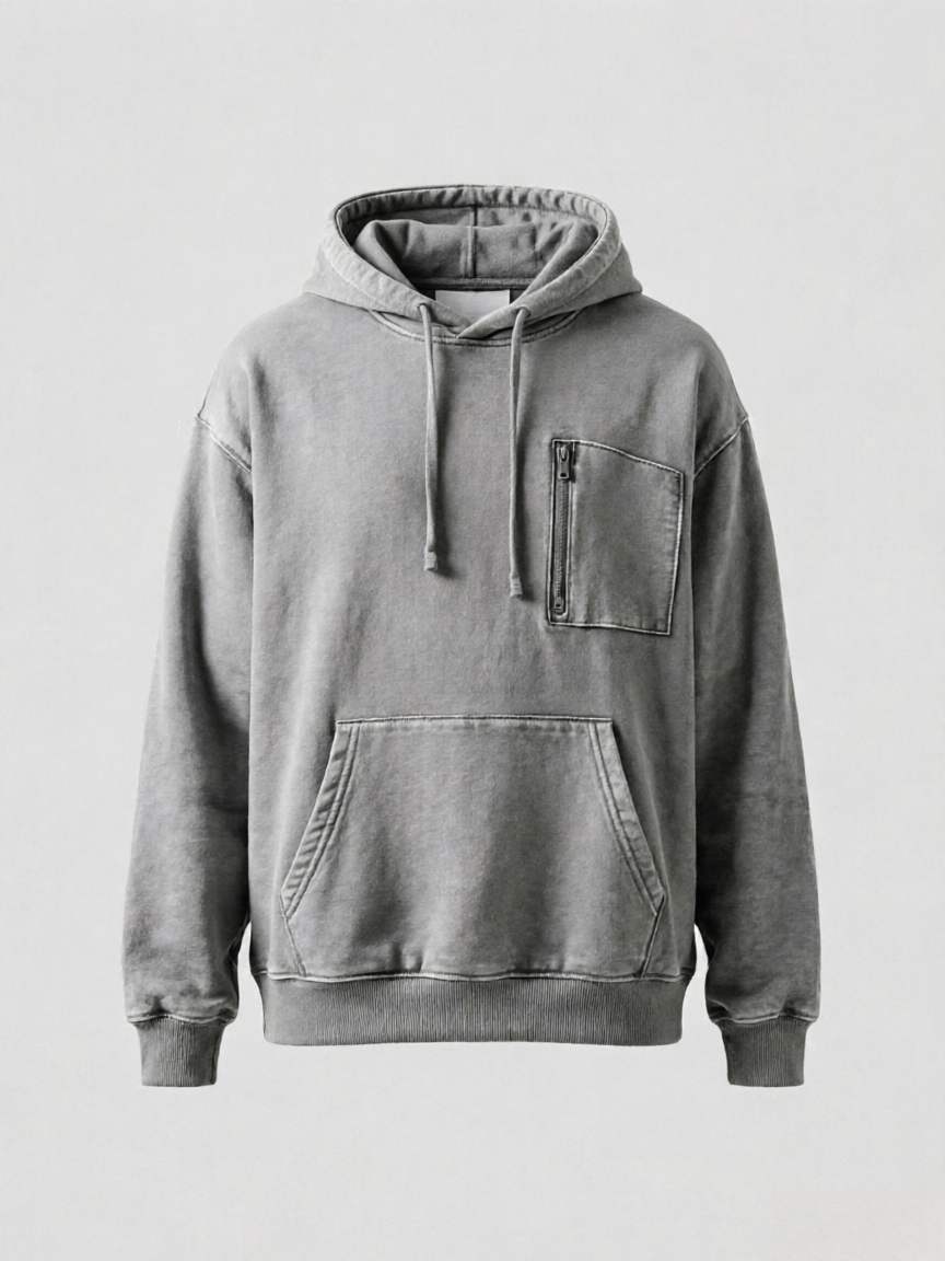 Washed Gray Zip-Pocket Hoodie