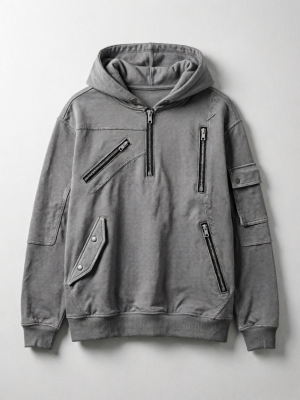 Multi-Zip Cargo Washed Gray Hoodie