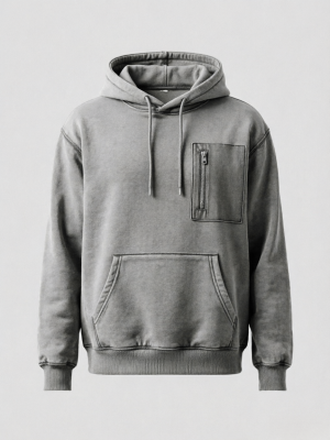 Washed Gray Oversized Zip-Pocket Hoodie