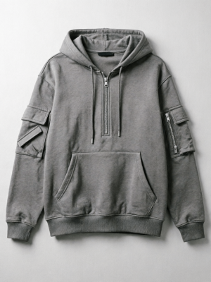 Cargo Sleeve Half-Zip Washed Gray Hoodie