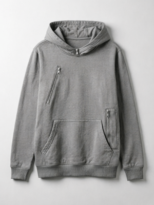 Diagonal Zip Washed Gray Hoodie