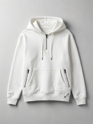White Dual Zip-Pocket Half-Zip Hoodie