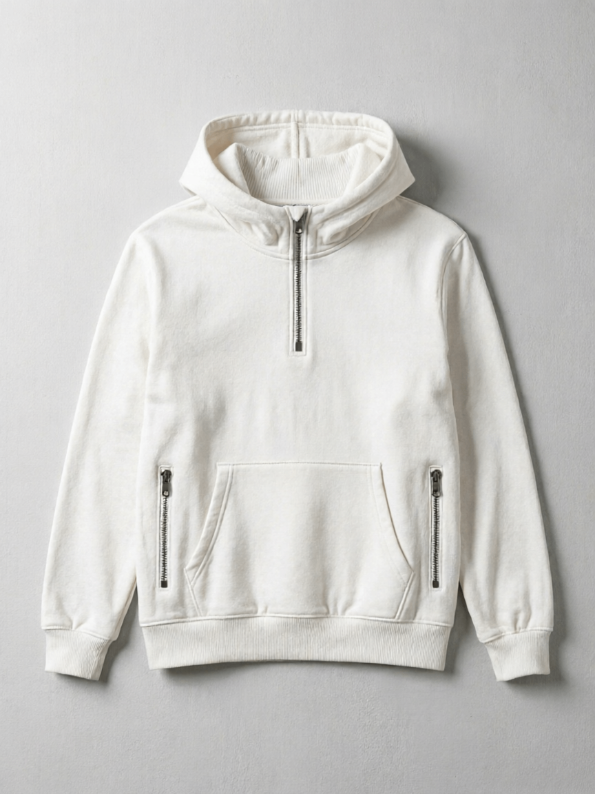 White Dual Side Zip Half-Zip Hoodie