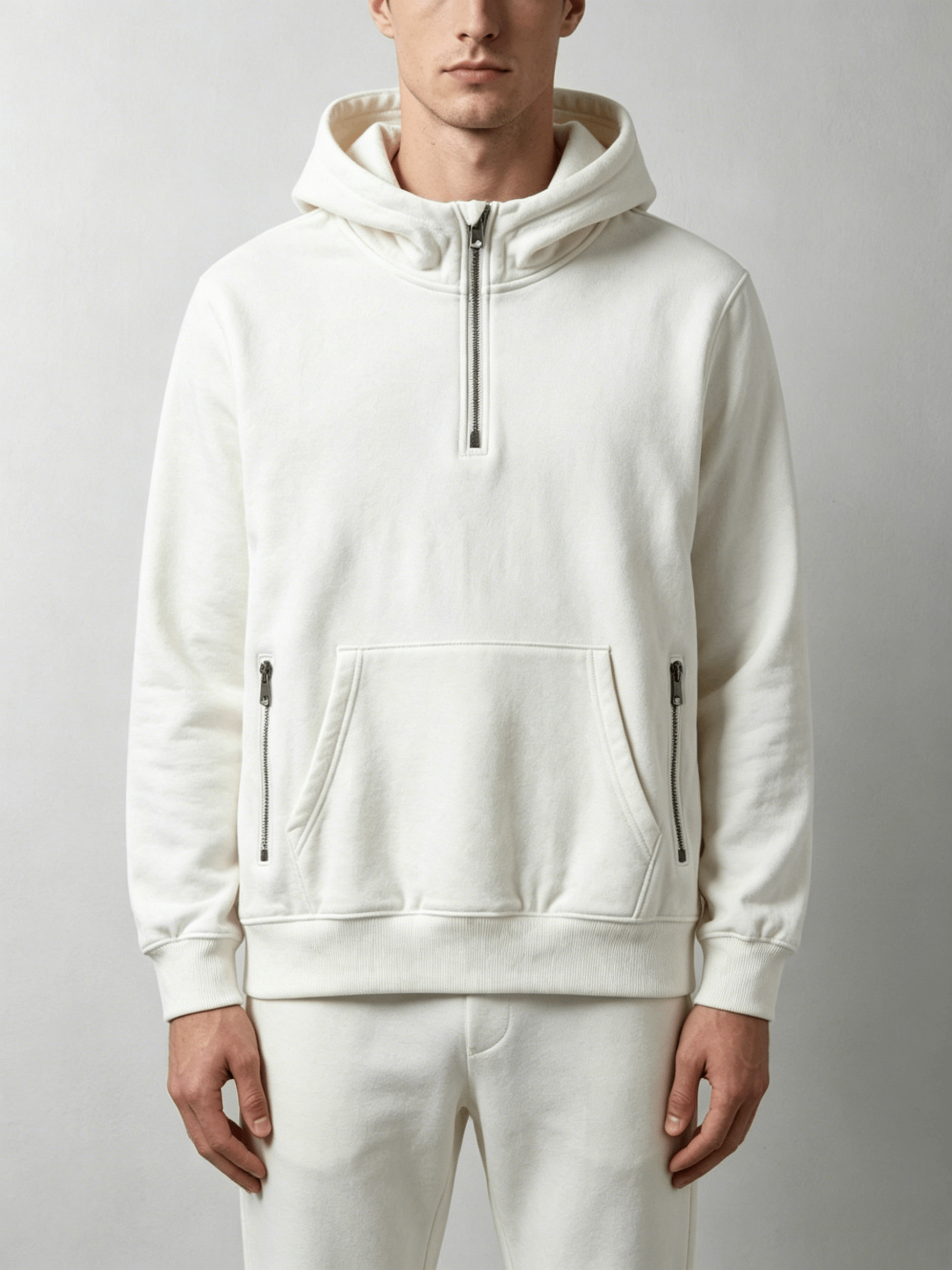 White Dual Side Zip Half-Zip Hoodie - Image 3