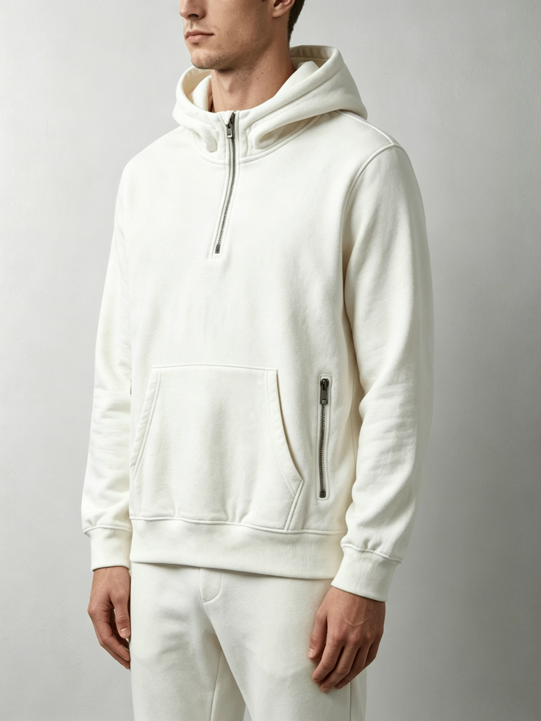 White Dual Side Zip Half-Zip Hoodie - Image 4