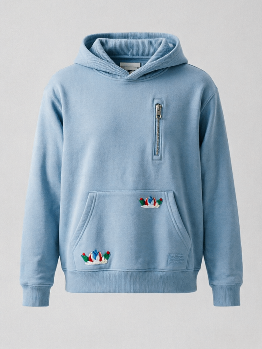 Light Blue Embroidered Zip-Pocket Hoodie