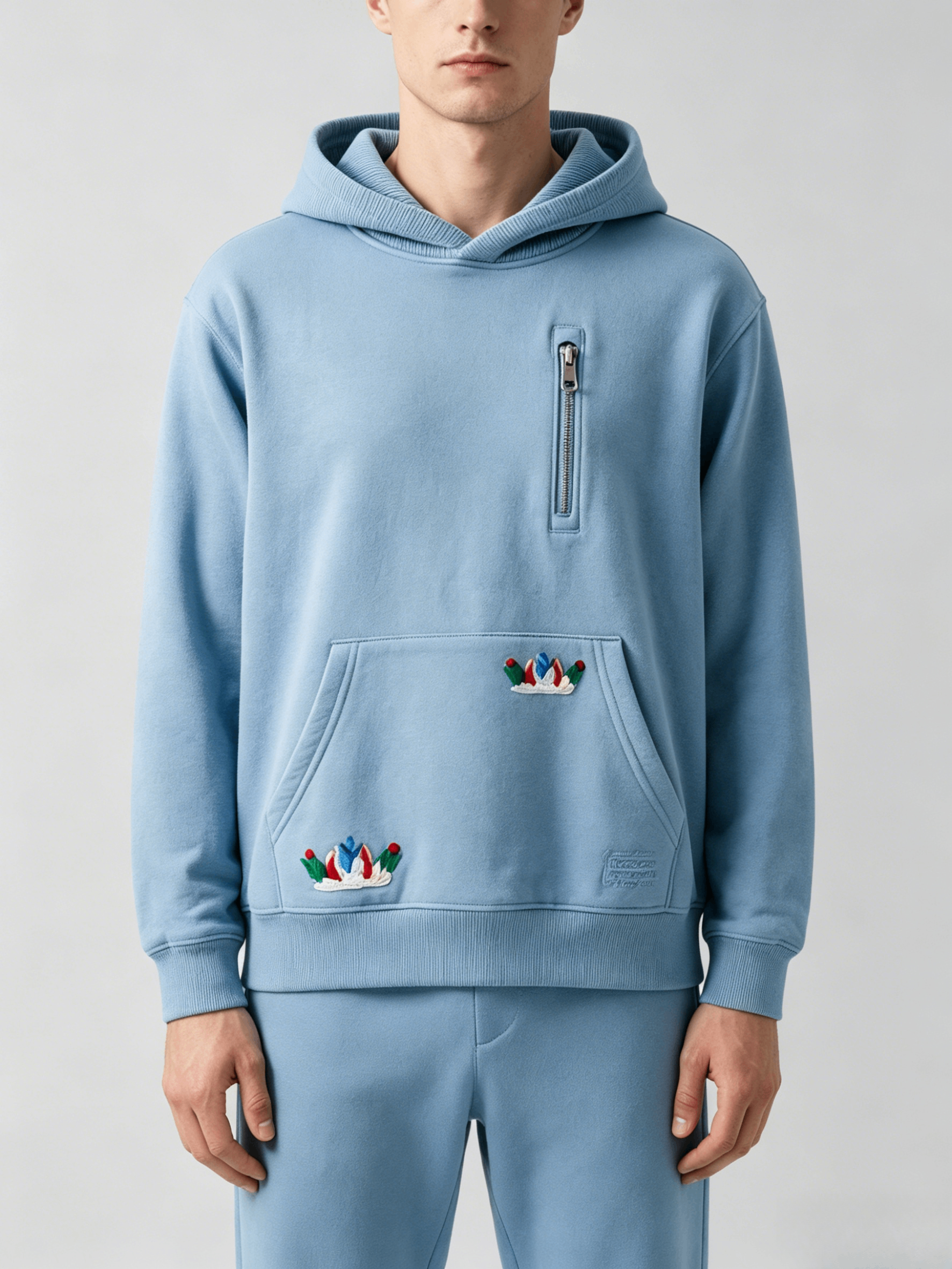 Light Blue Embroidered Zip-Pocket Hoodie - Image 3