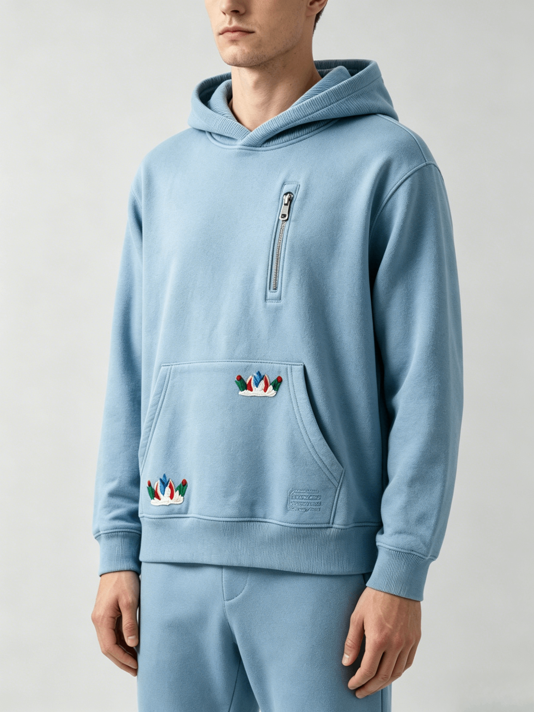 Light Blue Embroidered Zip-Pocket Hoodie - Image 4