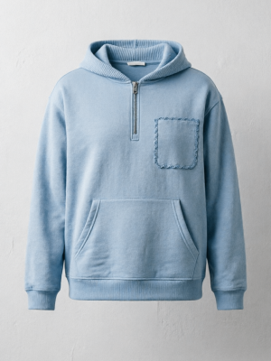 Light Blue Half-Zip Fringe Pocket Hoodie