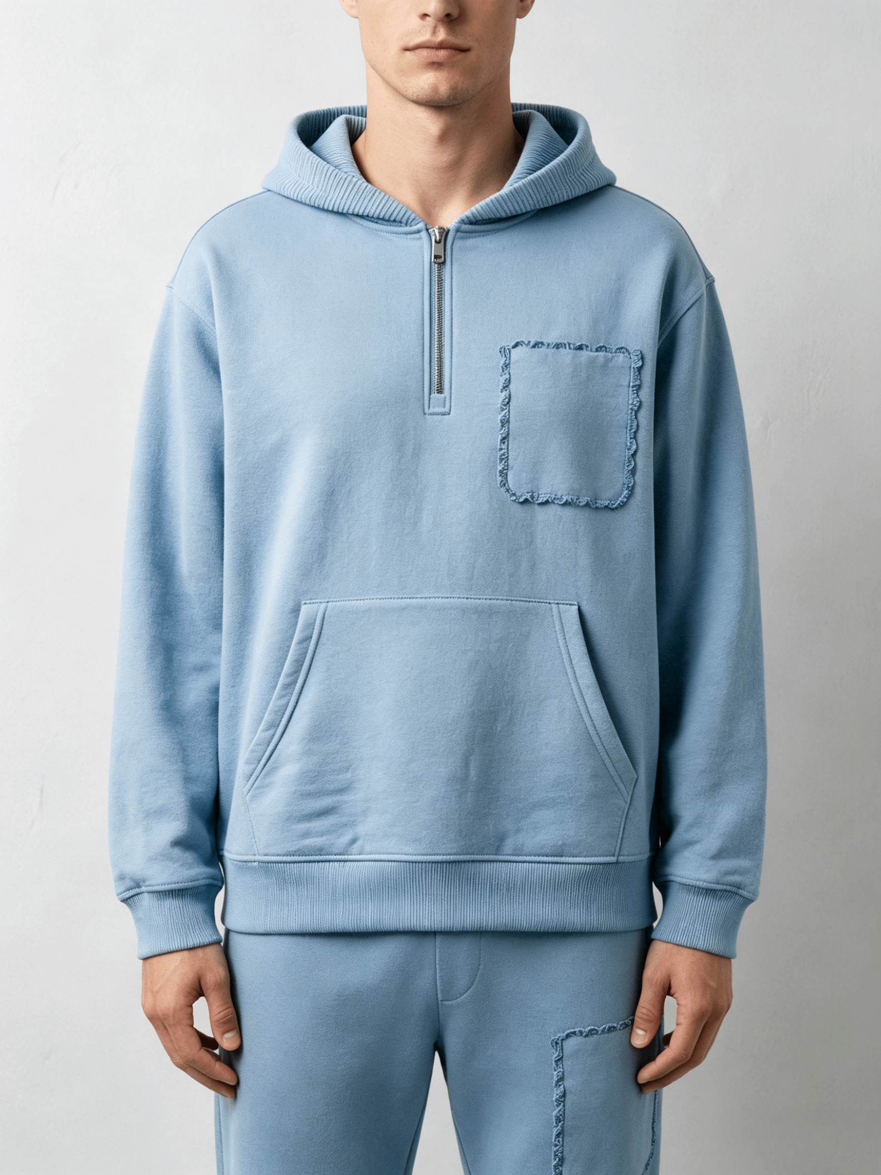 Light Blue Half-Zip Fringe Pocket Hoodie - Image 3