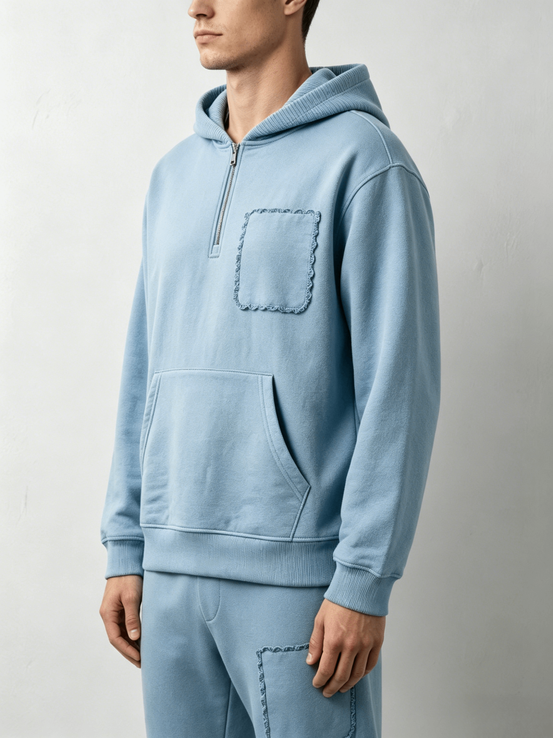 Light Blue Half-Zip Fringe Pocket Hoodie - Image 4