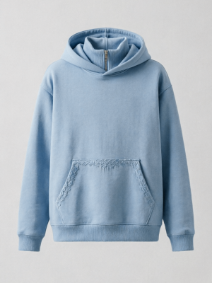 Light Blue Lace Trim Half-Zip Hoodie