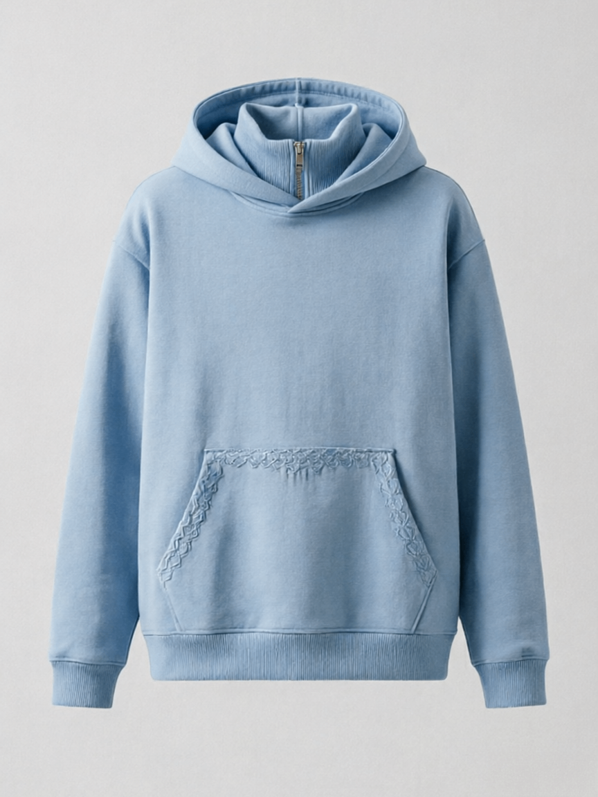Light Blue Lace Trim Half-Zip Hoodie