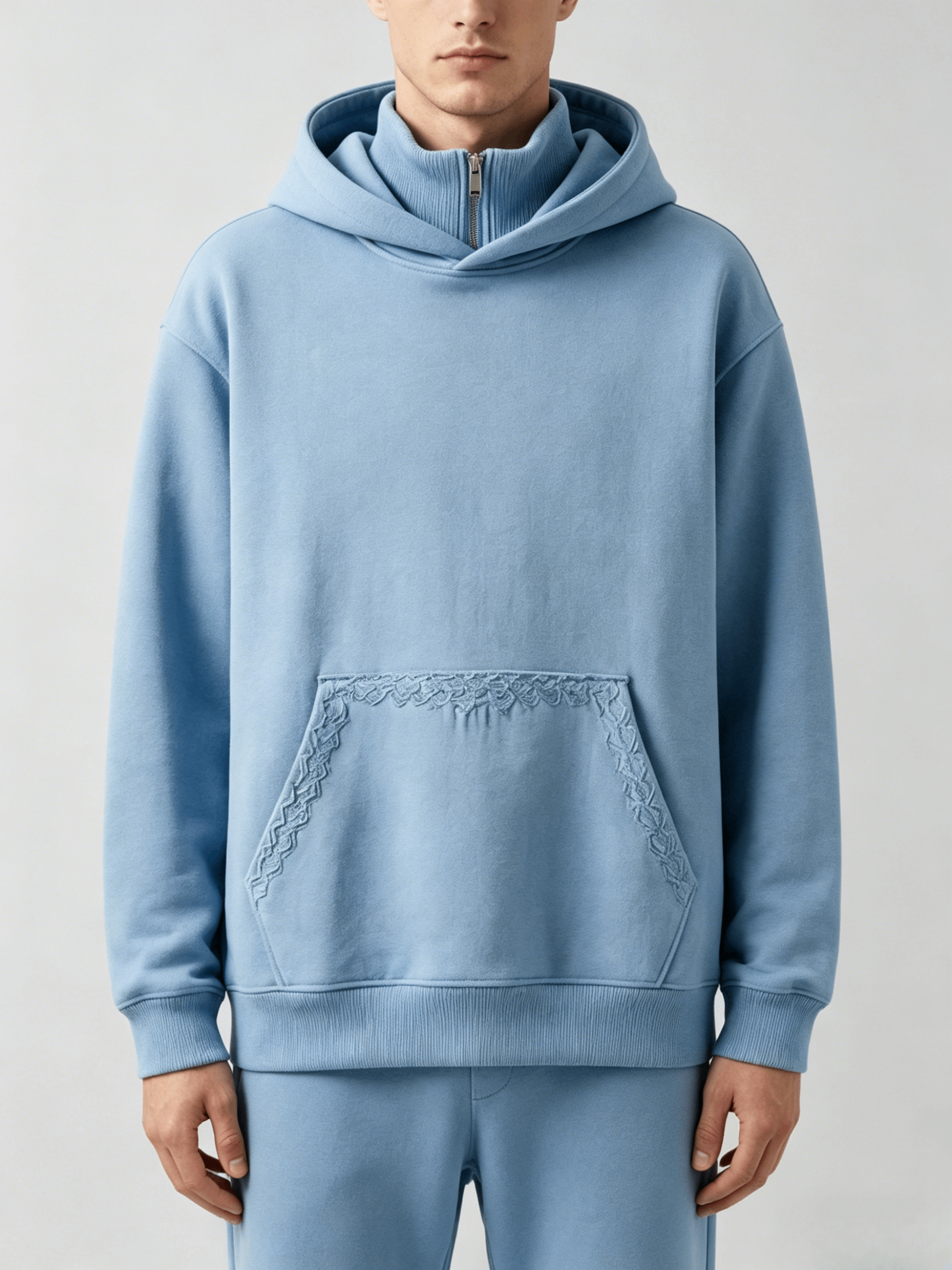 Light Blue Lace Trim Half-Zip Hoodie - Image 3