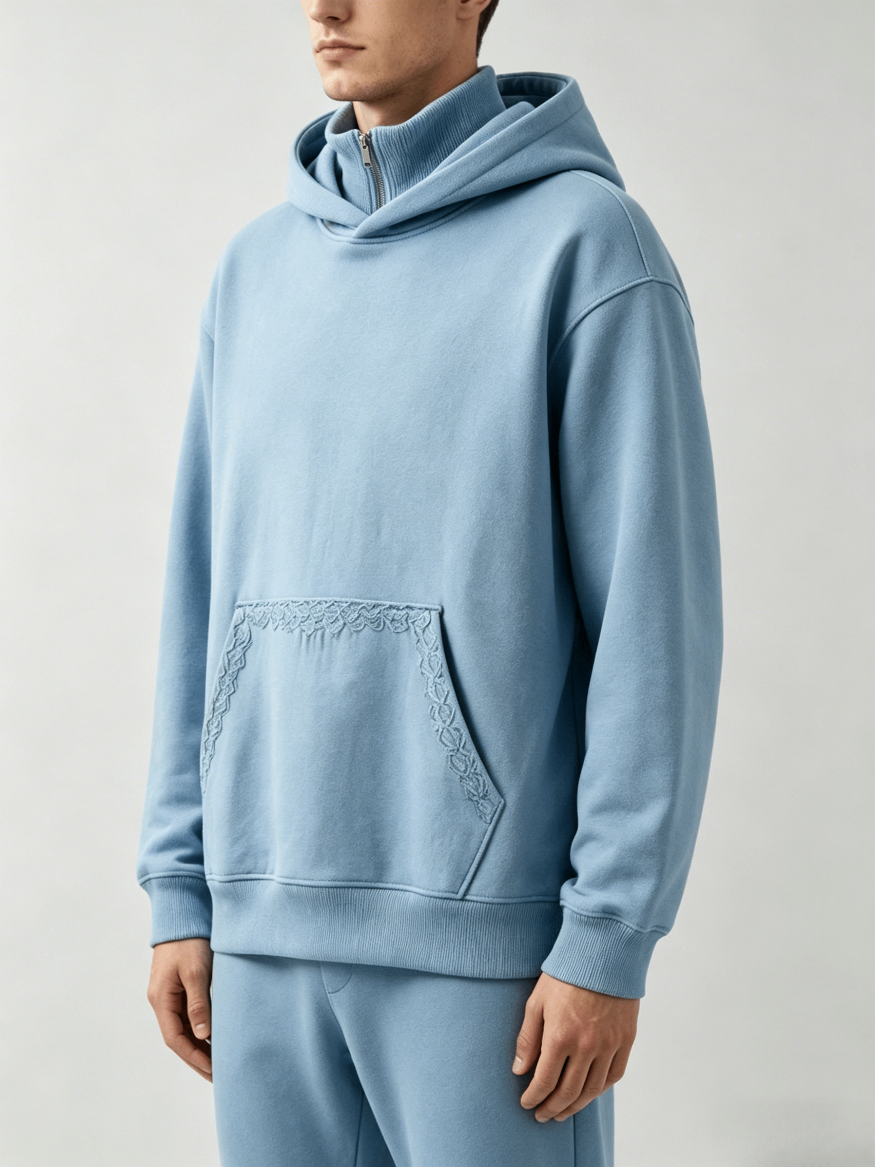 Light Blue Lace Trim Half-Zip Hoodie - Image 4