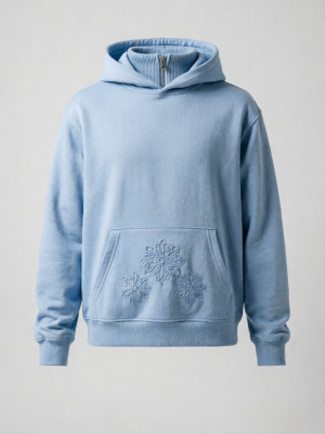 Light Blue Floral Embroidery Half-Zip Hoodie