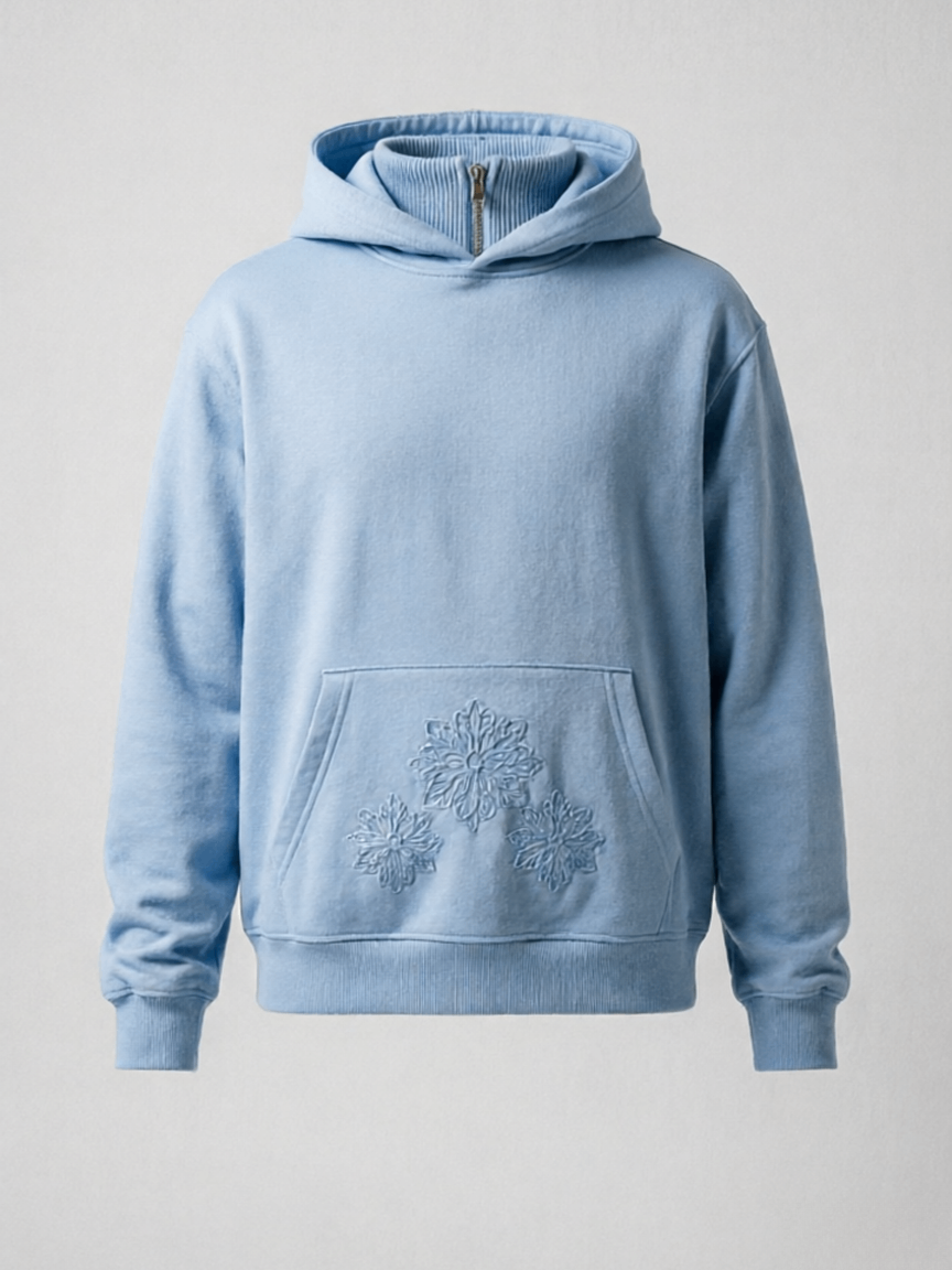 Light Blue Floral Embroidery Half-Zip Hoodie
