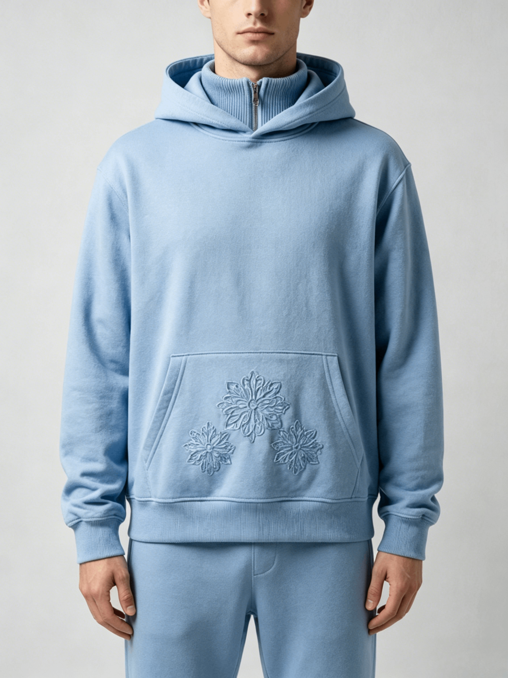 Light Blue Floral Embroidery Half-Zip Hoodie - Image 3
