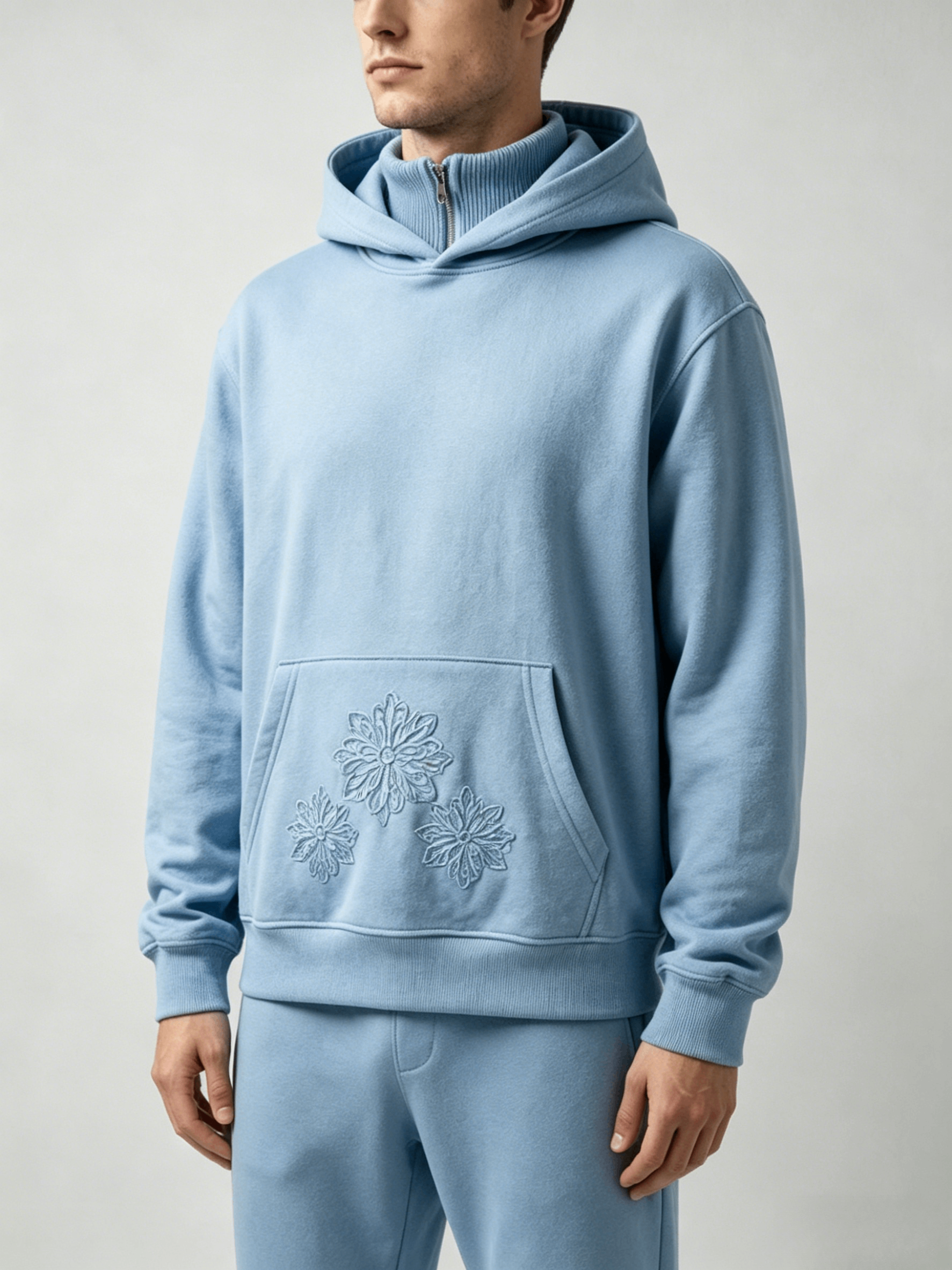 Light Blue Floral Embroidery Half-Zip Hoodie - Image 4