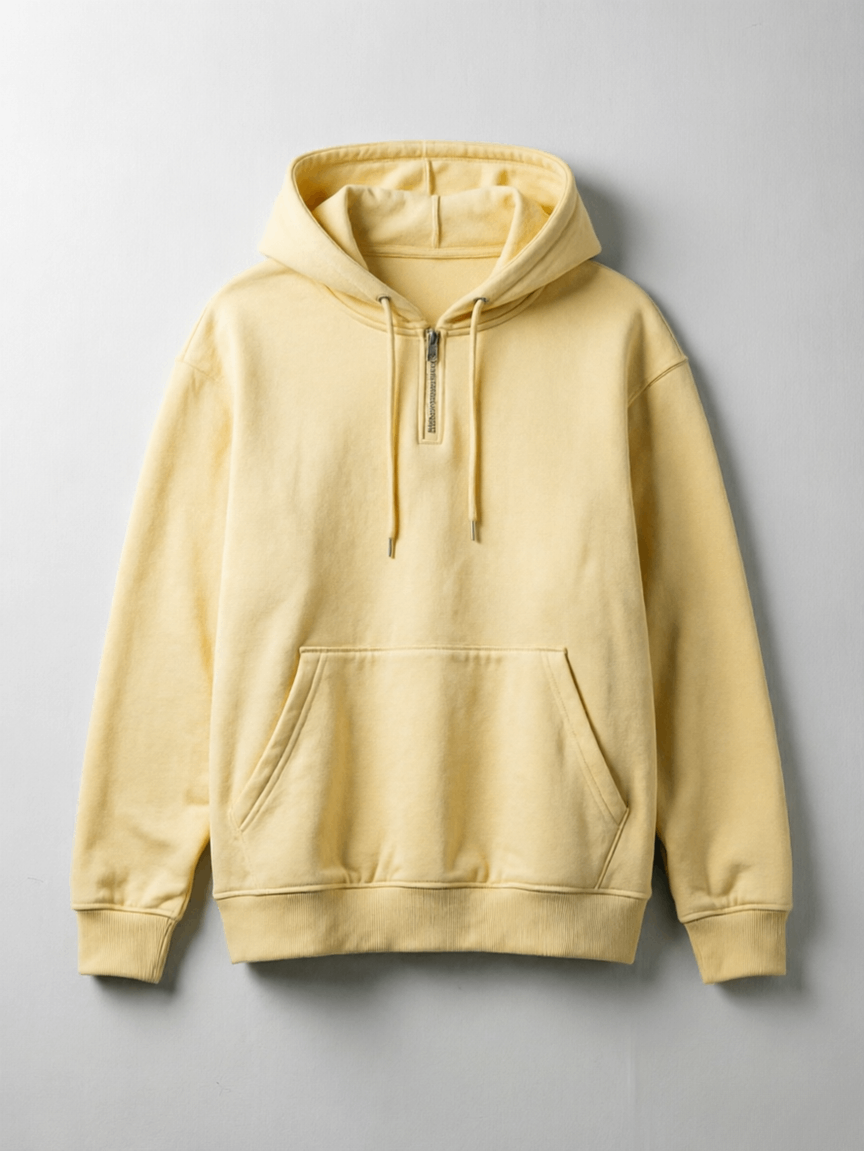 Pale Yellow Textured Half-Zip Hoodie