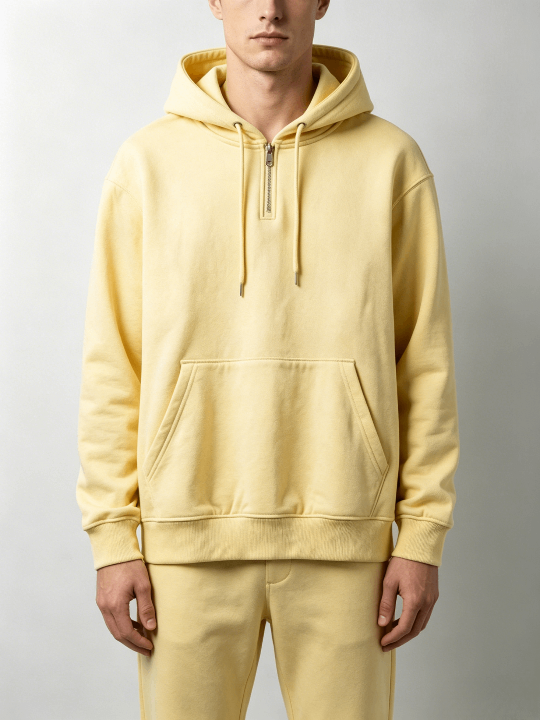 Pale Yellow Textured Half-Zip Hoodie - Image 3
