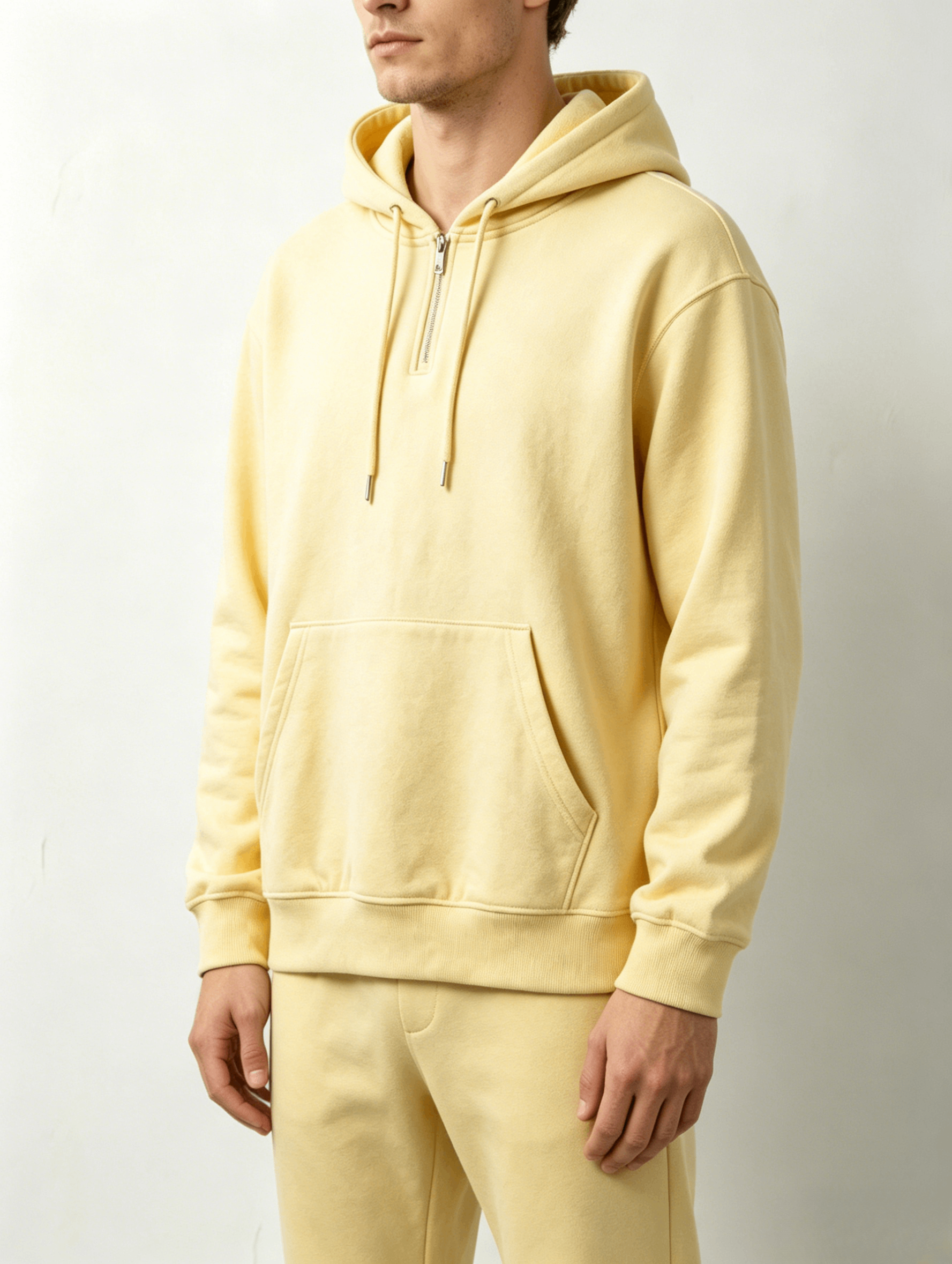 Pale Yellow Textured Half-Zip Hoodie - Image 4