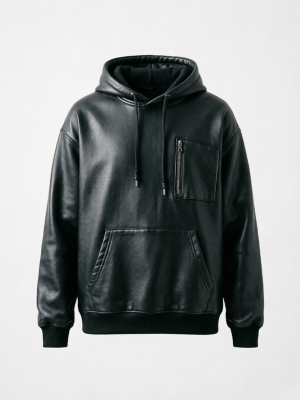 Leather Look Zip Pocket Pullover Hoodie
