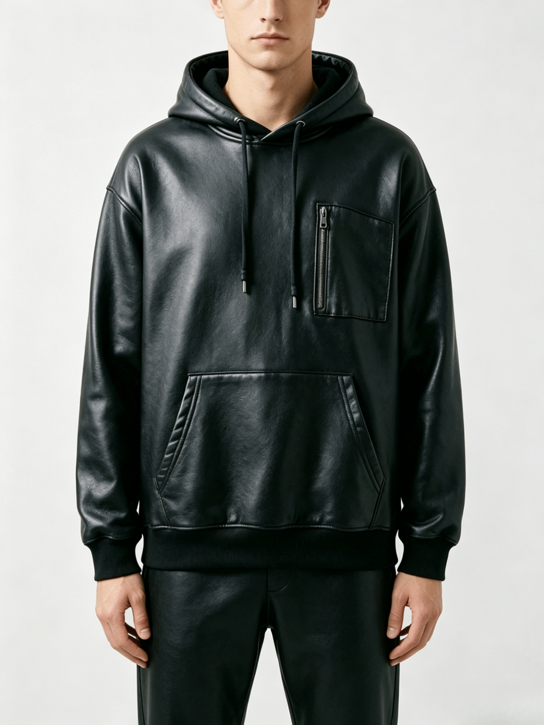 Leather Look Zip Pocket Pullover Hoodie - Image 3