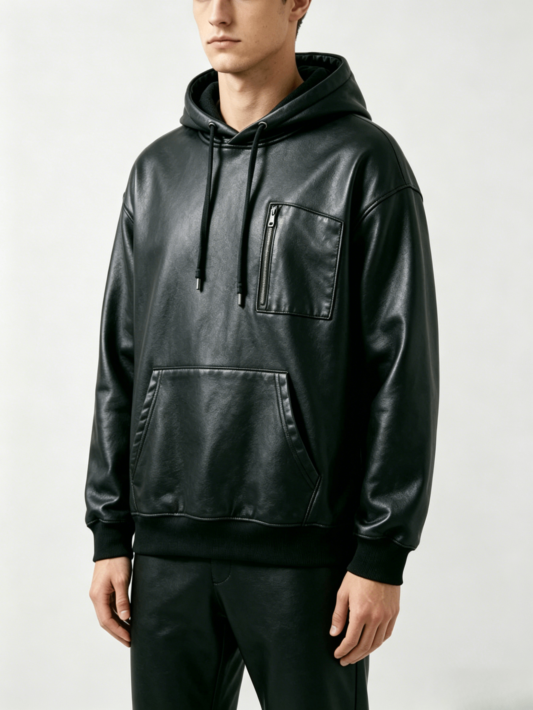 Leather Look Zip Pocket Pullover Hoodie - Image 4