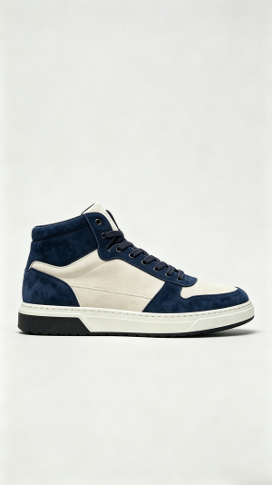 Navy Blue and Off-White Mixed Media High-Top Sneakers