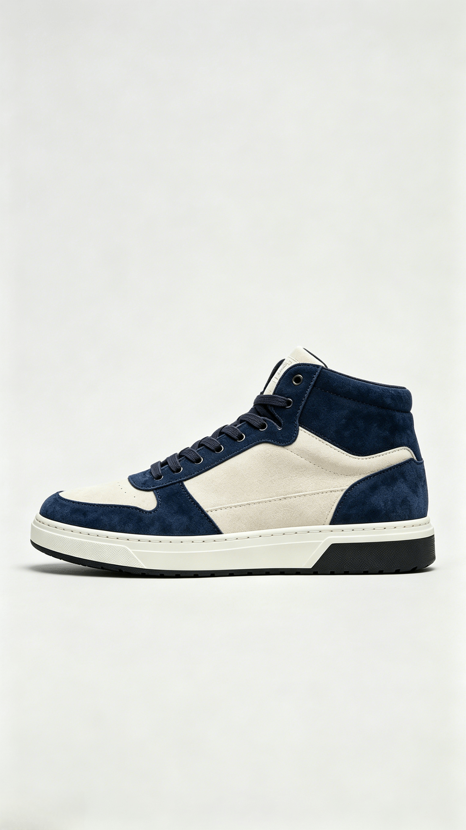 Navy Blue and Off-White Mixed Media High-Top Sneakers - Image 2