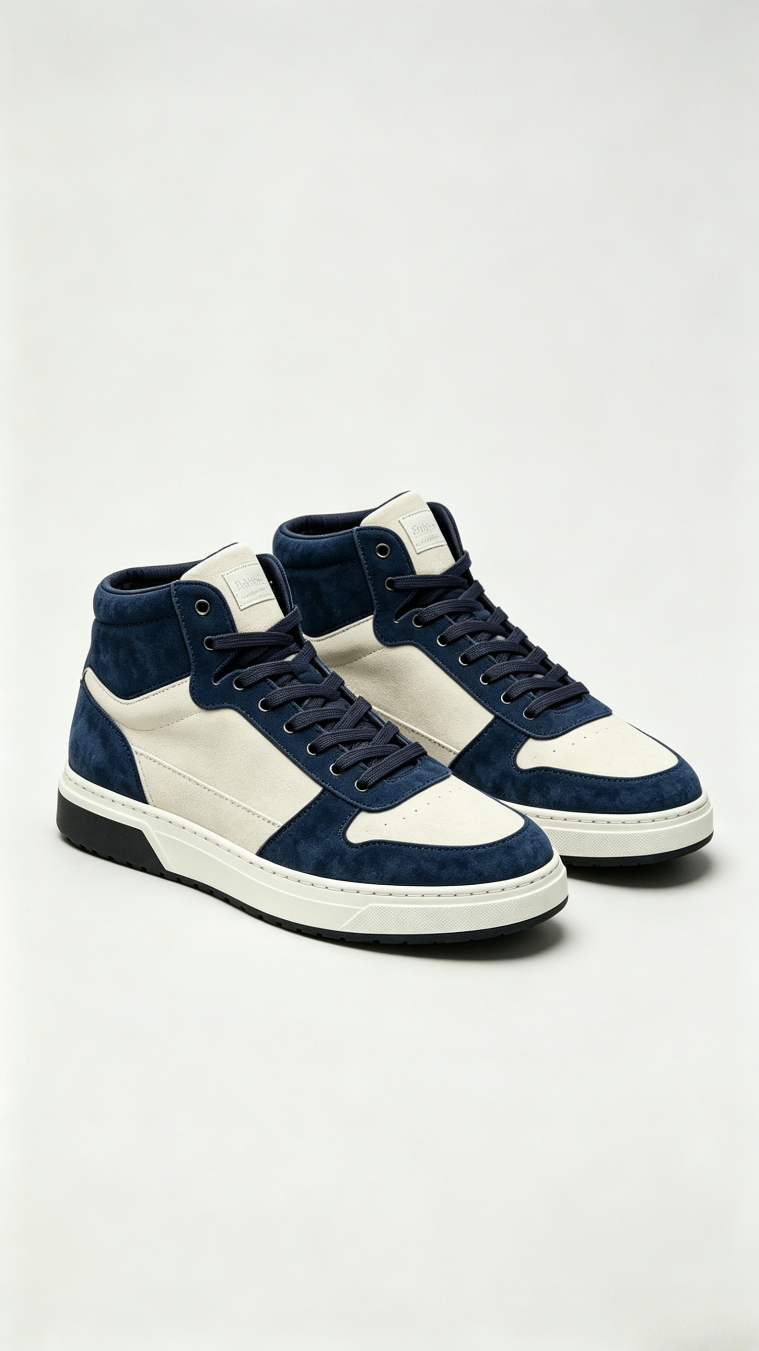 Navy Blue and Off-White Mixed Media High-Top Sneakers - Image 4