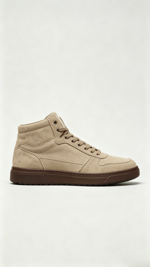 Monochromatic Beige Suede High-Top Sneakers with Brown Sole