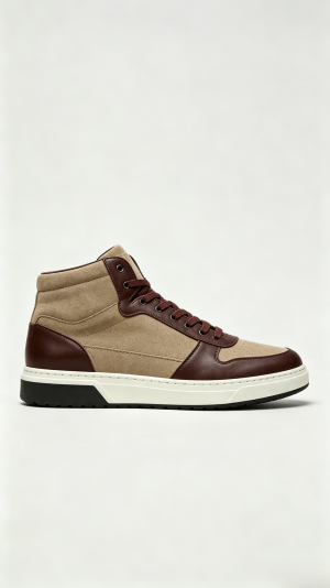 Beige and Burgundy Mixed Media High-Top Sneakers