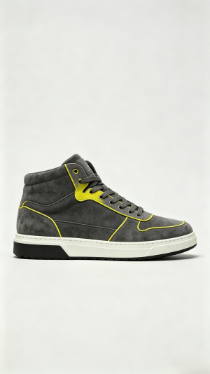 Grey Suede High-Top Sneakers with Yellow Accent