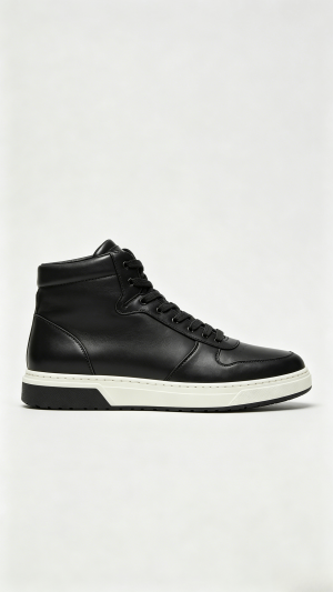 Monochromatic Black Leather High-Top Sneakers