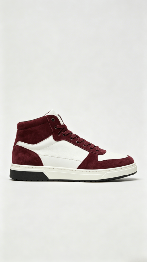 Burgundy and White Mixed Media High-Top Sneakers